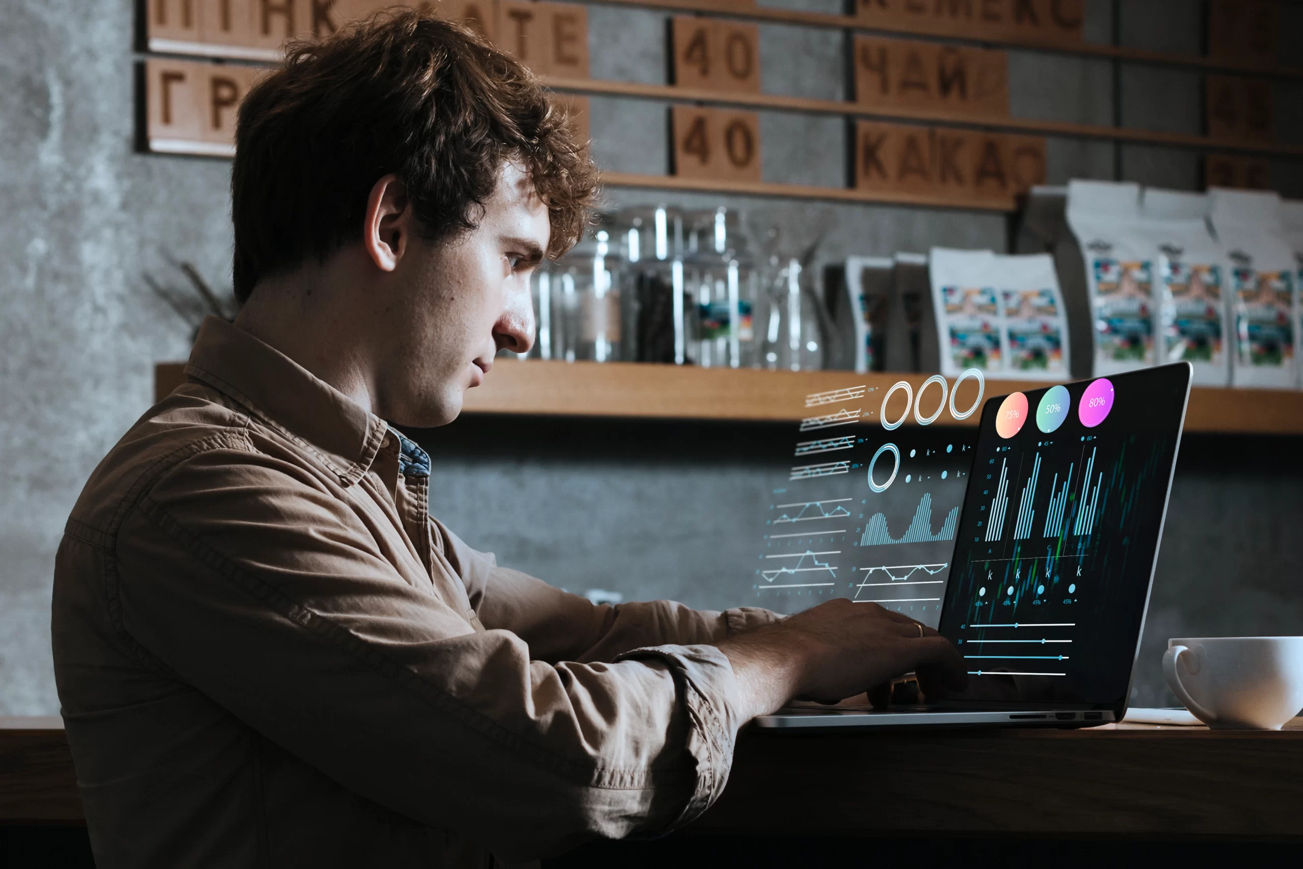 Man analyzing cybersecurity trends in 2025 on a digital interface
